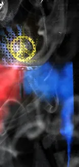 Vibrant smartphone wallpaper with peace sign, red and blue smoke effects on black.