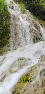 Serene waterfall in lush green setting