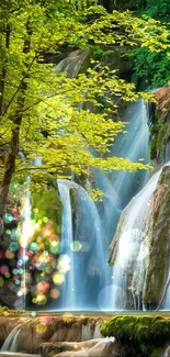 Serene waterfall flowing through lush green forest landscape.