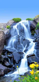 Cascading waterfall with rocks and yellow flowers.