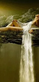 Serene woman blends with cascading waterfall, creating a peaceful nature escape.