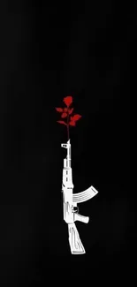 Artistic wallpaper with white rifle and red rose on black background.