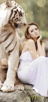 Serene scene with white tiger and figure in nature.