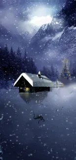 Snowy mountain cabin under a starry winter night.