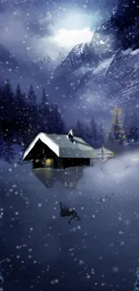 Snowy night with cabin in moonlit forest.