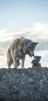 Peaceful wolf standing on a rocky surface against a backdrop of blue sky and clouds.