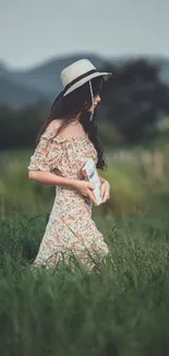 Woman in floral dress and hat walking through a green meadow.