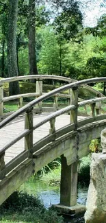 A rustic wooden bridge surrounded by lush green trees and foliage.