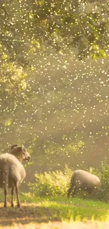 Sheep grazing in a golden forest with dappled sunlight.