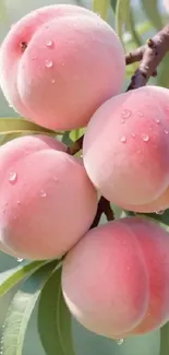 Ripe peaches with water droplets on a branch.