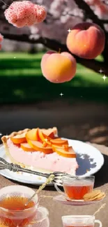 Peach tart and tea under blooming cherry blossoms.