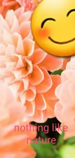 Peach flowers and smiling emoji wallpaper with nature theme.