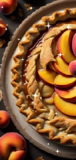 A beautifully arranged peach pie with vivid colors and intricate pastry design.