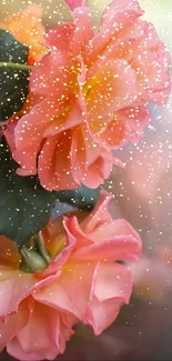 Mobile wallpaper with peach roses and a sparkle overlay effect.