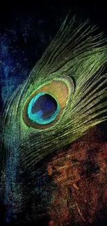 Peacock feather on dark abstract background.