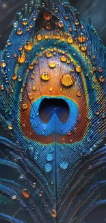 Vibrant peacock feather with droplets.