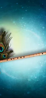 Bamboo flute with peacock feathers on a cosmic blue background.