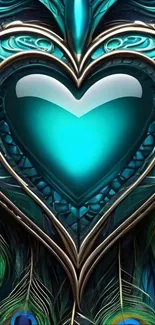 Peacock feather and heart design in teal.