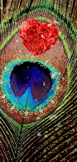 Vibrant peacock feather with red heart gem design.