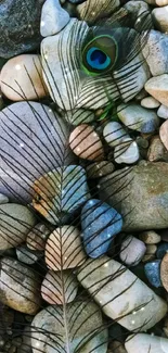 Peacock feather resting on smooth pebbles.