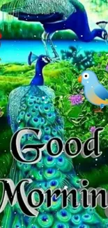 Vibrant peacock with green foliage and 'Good Morning' text.