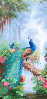 Colorful peacock in lush tropical scenery with green foliage.