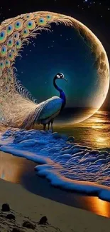 Majestic peacock by moonlit beach with dreamy ocean waves.