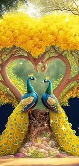 Two peacocks by a heart-shaped tree under bright yellow canopy.