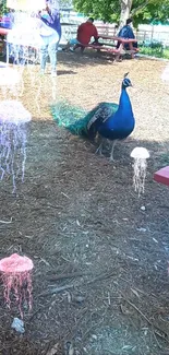 Peacock standing with floating jellyfish on a sunny day.