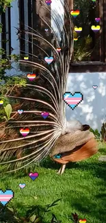 Peacock in a garden with pixelated heart icons.