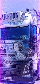 Blue truck with Peaky Blinders artwork and grey sky background.