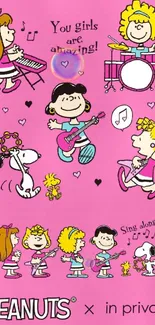 Peanuts characters in a fun musical scene on a pink background.