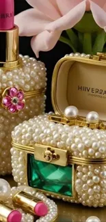 Luxurious wallpaper with pearl-decorated gold cases and pink lipstick.