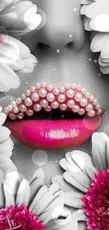 Pink and pearl lips surrounded by flowers mobile wallpaper.