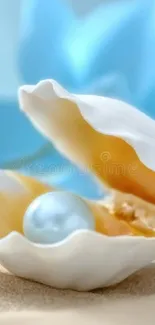 Open seashell with pearl on blue background.