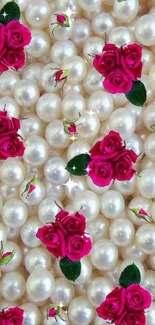 Pink roses scattered on white pearls wallpaper.