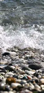 Pebble beach with waves gently crashing.