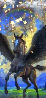 Pegasus in a starry, mystical landscape with a mountain backdrop.