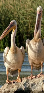 Two pelicans standing on a rock near green reeds.