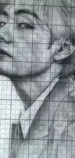 Intricate pencil sketch of a person on grid paper.