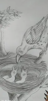 Pencil sketch of a bird feeding chicks in a nest.