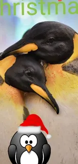 Cuddling penguins with Christmas text and a cartoon in Santa hat.