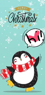 Penguin with red scarf in Christmas greeting on light blue background.