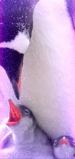 Penguin family with glitter effect on a mobile wallpaper.