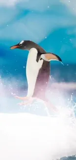 A penguin gracefully gliding over icy ocean waters.