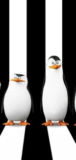 Animated penguins on striped background wallpaper.