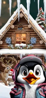 Cozy cottage with penguin and reindeer in snow.