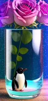 Penguin in glass vase with purple roses and sparkling effects.