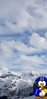 Playful penguin on snowy mountain with blue sky backdrop.