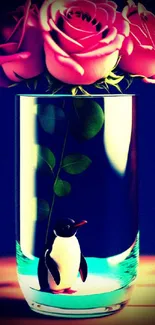 Whimsical image of a penguin in a vase with roses.